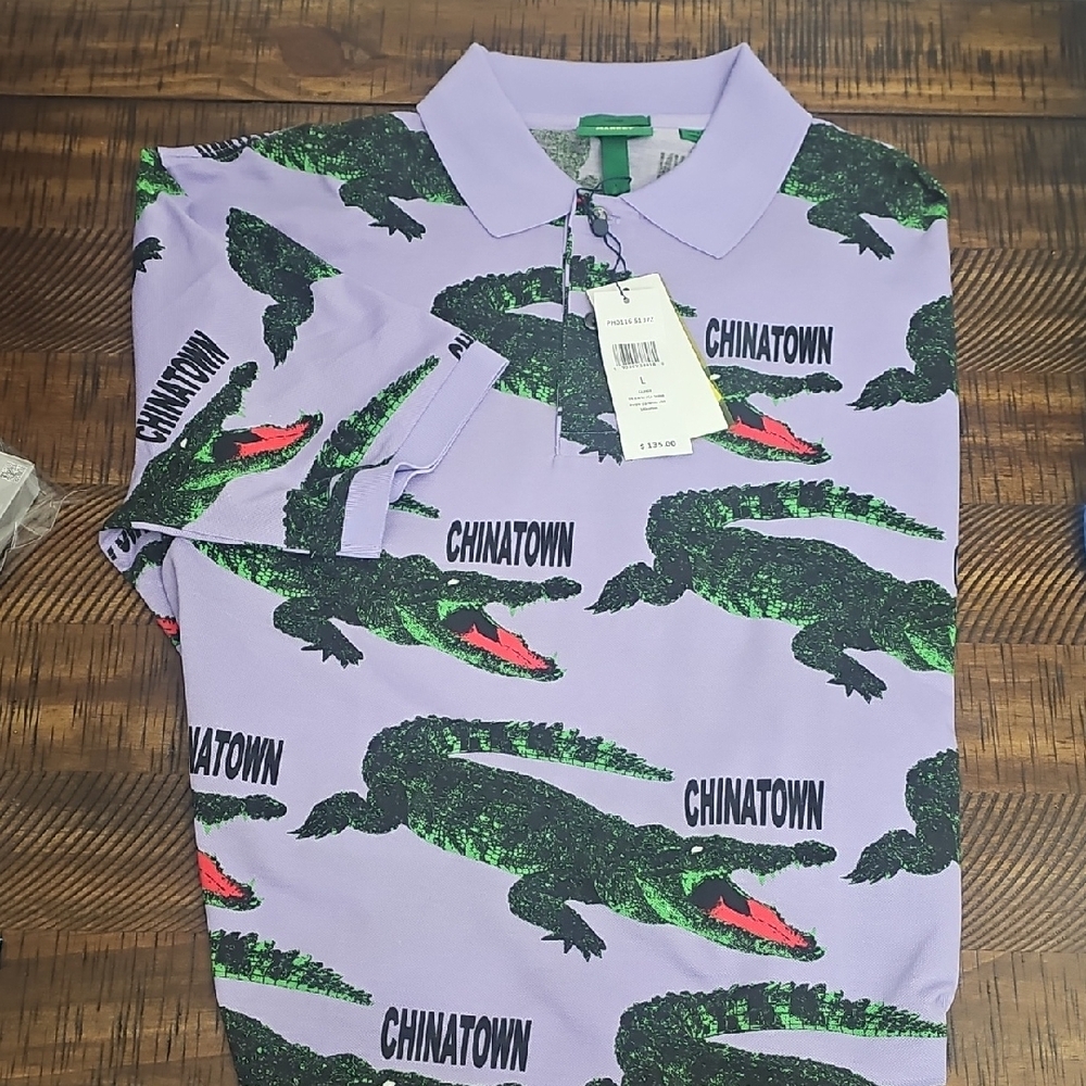New Lacoste Alligator Print  x Chinatown‎ Market Gator Polo Shirt Purple Sz L - Picture 2 of 4